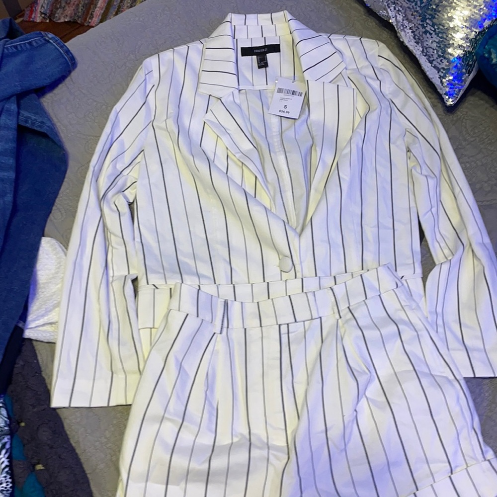 Black and White Striped Linen Short and Blazer